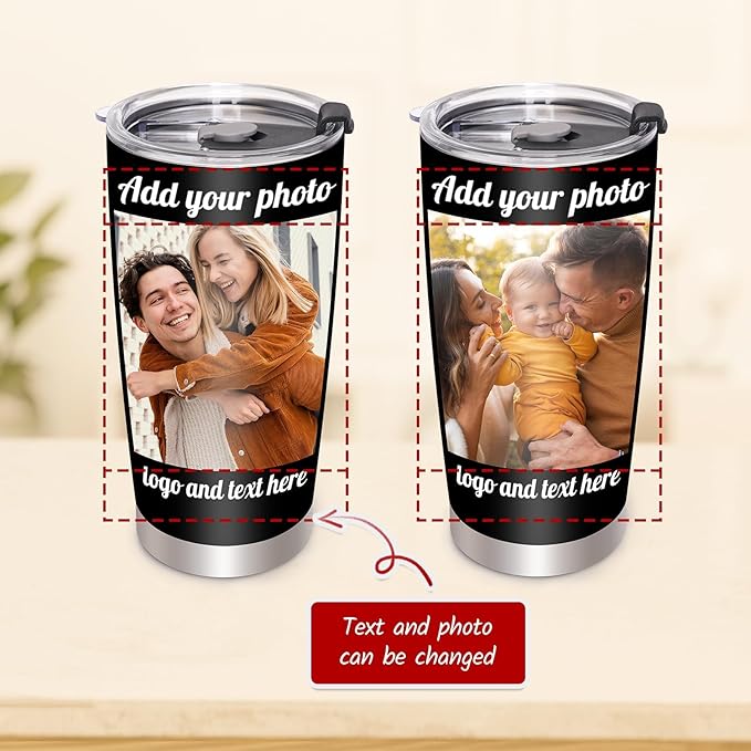 Personalized Tumbler with Picture Text Name, 20oz Stainless Steel Custom Mug Coffee Tumbler With Lid Straw, Birthday Gifts for Women Men, Customized Gifts for Christmas Anniversary Thanksgiving