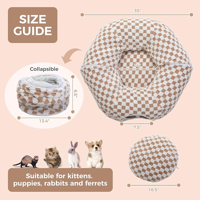 PEQULTI Brown Donut Cat Tunnel Bed Washable Plush Mat Multi for Small Pets | Round play tube with soft detachable plush mat, multi-pet toy fit indoor cats, kittens, puppies, rabbits and ferrets