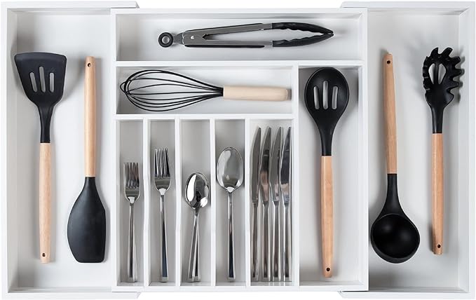 KitchenEdge Premium Silverware, Flatware and Utensil Organizer for Kitchen Drawers, Food-Safe Contract Grade, Expandable from 16 to 28 In, White Bamboo
