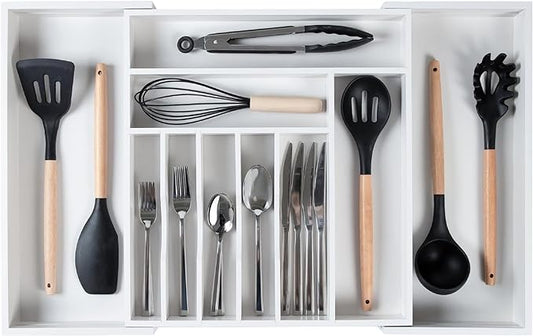 KitchenEdge Premium Silverware, Flatware and Utensil Organizer for Kitchen Drawers, Food-Safe Contract Grade, Expandable from 16 to 28 In, White Bamboo