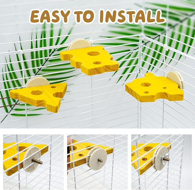 3 Pack Cheese-Themed Wooden Climbing Platforms with Mounting Kit - Multi-Level Cage Accessories for Sugar Gliders, Rats, Squirrels & Small Climbers