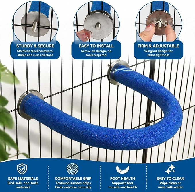 Rypet U-Shaped Large Parrot Perch, Quartz Bird Perch for Cage(Blue L) | Safe Chew & Rest Perch for Large Birds, Durable Non-Toxic Cage Accessory, for Parakeets Cockatiels Conures Macaws