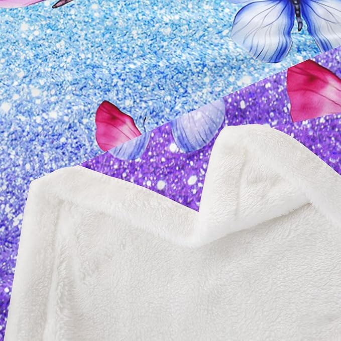 Feelyou Girls Glitter Print Fleece Throw Blanket Baby 30"x40" Kids Blue Purple Butterfly Sherpa Blanket Plush Fuzzy for Bed Couch Chair Living Room, Dreamy Girly Bed Blanket Princess Style Room Decor