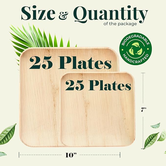 Palm Leaf Plate Bamboo Paper Plates Disposable 10 Inch & 7 Inch Bulk Party Pack Eco Compostable Biodegradable Wooden Plate Best Alternative To Plastic Paper Plates (50 pc)