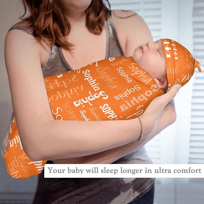 Newborn Swaddle Blankets Hat Name Lettering Orange Sets Soft Baby Receiving Blanket Swaddle Sack for Baby Shower Infant Boy Girl Gift