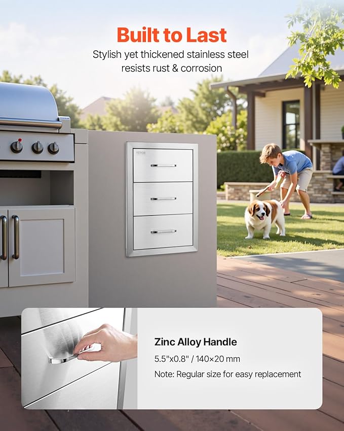 VEVOR Outdoor Kitchen Drawer 16" W x 21.5" H x 18" D, Outdoor Kitchen Cabinets, BBQ Drawer Stainless Steel, Flush Mount Triple Access, with Handle, BBQ Island, Outdoor Grill Patio Grill Station