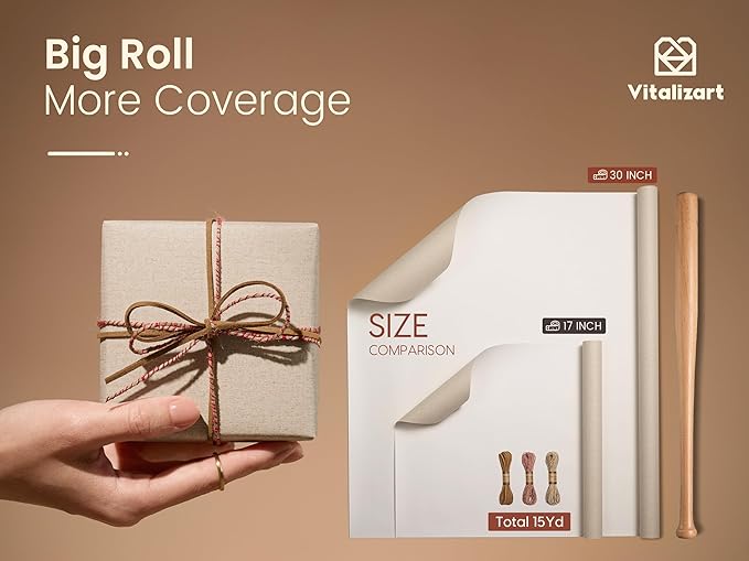 Vitalizart Textured Wrapping Paper Set 30" Roll Twine Ribbons & Tags Extra Thick All-in-One Neutral Beige Kraft Christmas Gift Wrap Birthday Baby Shower Wedding Crafts Vintage Minimalist Housewarming Flower Book