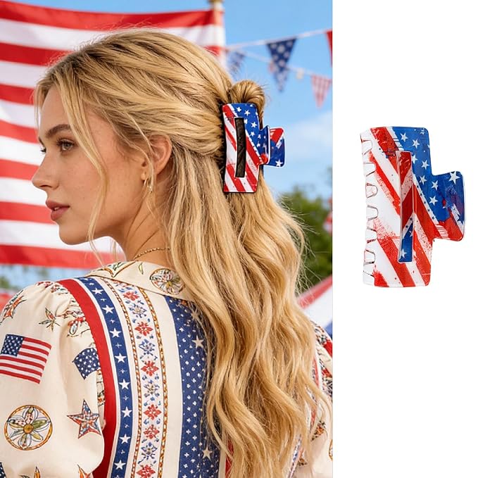 1Pc American Flag Hair Clips Strong Hold Patriotic Hair Claw Clips July 4th Hair Barrettes Nonslip Red White Blue Hair Accessories Clip Fashion Hair Grip Clip for Women Independence Day Hair Decor