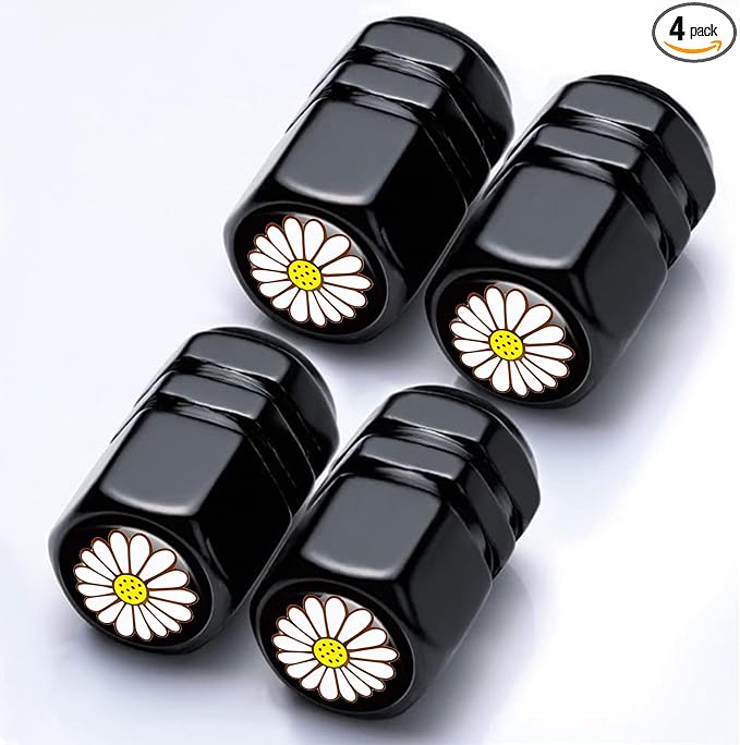 4Pack Daisy Tire Valve Caps Aluminum Leak-Proof Valve Stem Covers | Daisy Car Accessories Decoration Tire Air Cap for Cars SUV Bike Motorcycle, Daisies Gifts for Women Mom Sister