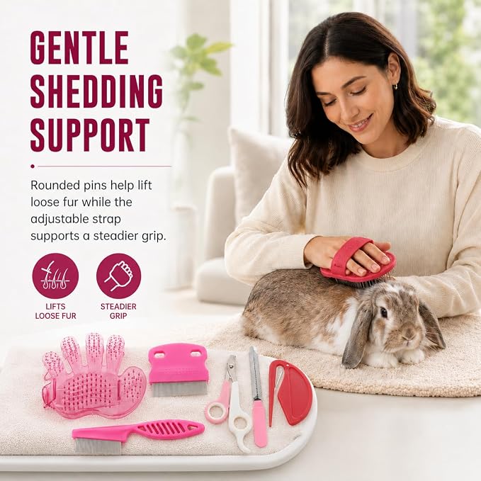 Rabbit Grooming Kit, 7-Piece Bunny Brush and Nail Care, Pink | 7 tools for loose fur, combing, light tangles and nail care; for rabbits, guinea pigs, hamsters and ferrets