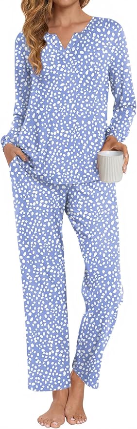 Anyally Women's Plus Size Pajama Sets Ladies Fall Pjs 2 Pieces Lounge Outfits V Neck Long Sleeves Sleepwear with Pockets