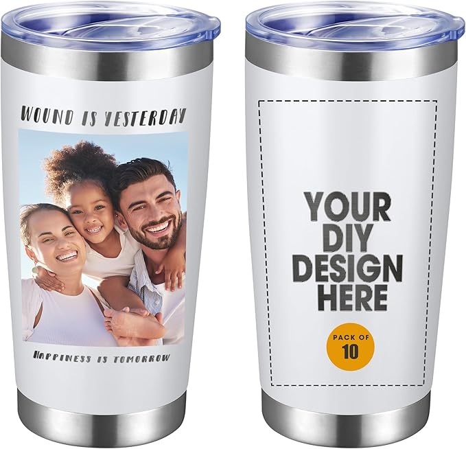 Personalized Custom Tumbler Print in USA 10 Pcs 20oz Stainless Steel Coffee Cup with Lid & Straw Double Wall Insulated Tumbler with Colorful Text Logo Photo