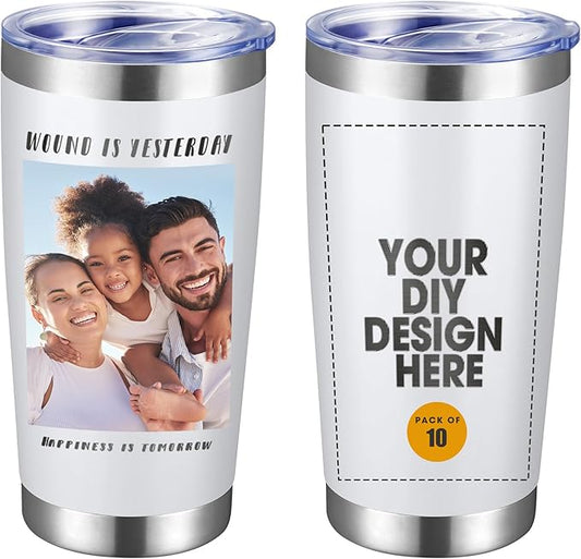 Personalized Custom Tumbler Print in USA 10 Pcs 20oz Stainless Steel Coffee Cup with Lid & Straw Double Wall Insulated Tumbler with Colorful Text Logo Photo