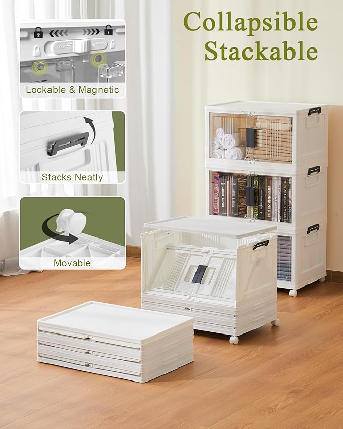 OlarHike 144QT Lockable Storage Bins with Lids - Folding Storage box with Doors and Wheels, Collapsible Plastic Bins for Closets, Office, Stackable Organizer and Containers, Gifts, 3 Pack Cubes