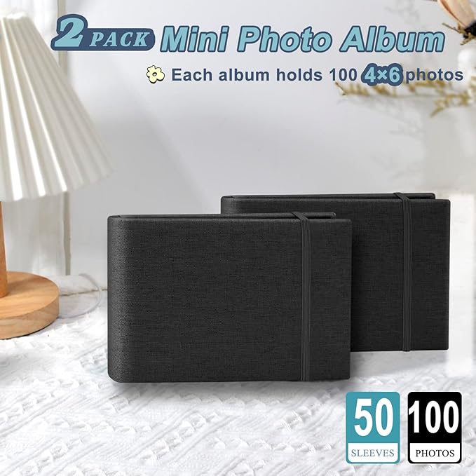 2PACK 4x6 Photo Album, 4x6 100 Pockets Linen Cover Photobook Small Capacity Pictures Book Easy to Classify and Portable for Wedding Family Baby Vacation (Black)