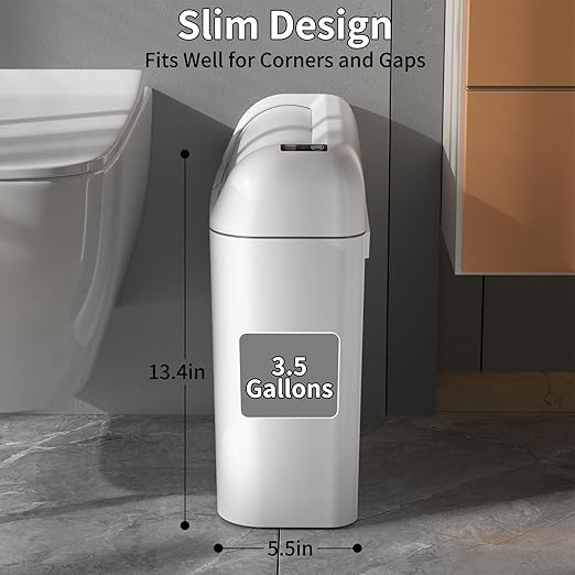 Smart Trash Can with Lid, 3.5 Gallon Infrared/Vibration Sensing Electric Garbage Can, Waterproof Automatic Trash Bin, Inteligent Induction Wastebasket for Bathroom, Bedroom, Powder Room, Living Room