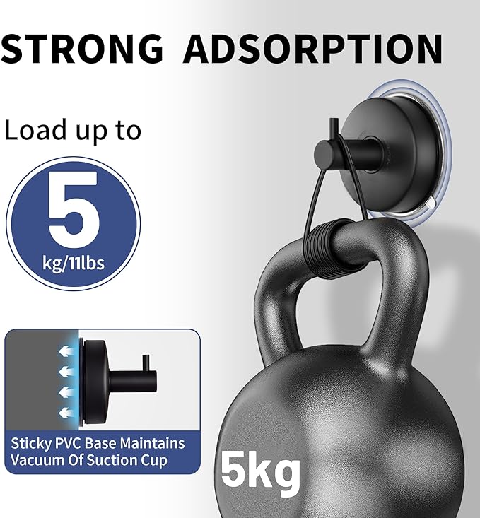 JOMOLA Suction Cup Shower Hooks for Hanging Towel Suction Hook for Inside Shower Stainless Steel Coat Hooks Wall Mounted Kitchen Utensil Stainless Steel, Matte Black, 4PCS