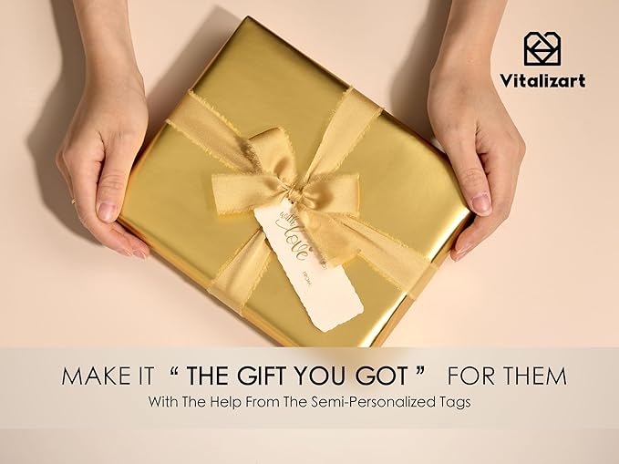 Vitalizart Gold Matte Metallic Wrapping Paper Set 17" With Silk Satin Ribbon & Gift Tags Christmas Gift Wrapping Birthday Baby Shower Wedding Bouquets Handmade Crafts 197"(16.4 Ft) Gold Ribbon