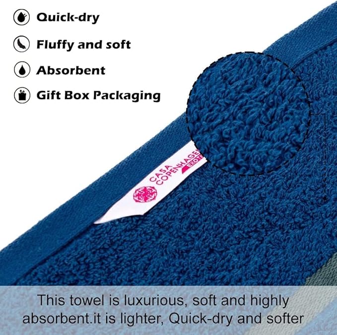 CASA COPENHAGEN Exotic 6 Pieces Towel Set- Navy, 525 GSM 2 Bath Towel 2 Hand Towel 2 Washcloth, Designed in Denmark Made of Soft Egyptian Cotton for Bathroom, Kitchen & Shower