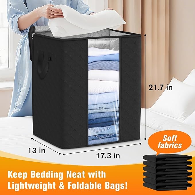Clothes Storage Bags, 4-Pack Comforter Blanket Organizers, 80L Large Capacity Containers with Visual Window for Clothing, Quilt, Sheet, Pillow, Closet Organization for Bedding (Black)