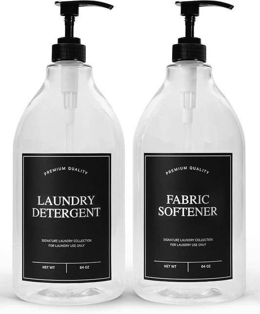 Calindiana Laundry Detergent Dispenser for Laundry Room Organization, Clear 64oz PET Plastic Landry Soap Containers with Black Water Resistant Labels, Black Pumps and Screw Caps, Collapsible Funnel