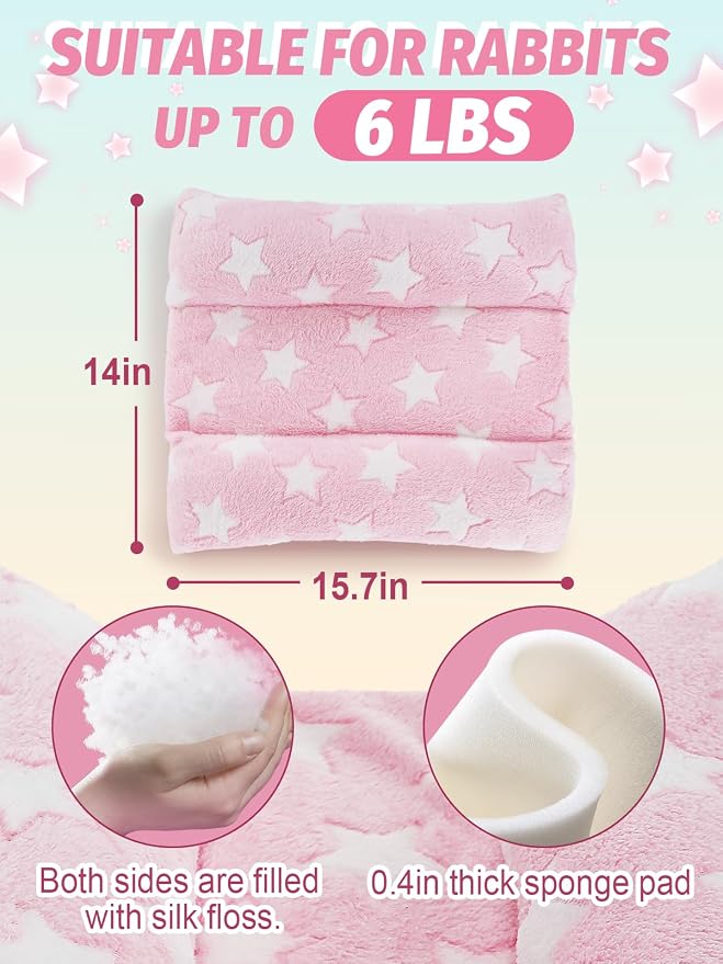 MEWTOGO 15.7" x 14" Bunny Bed for Rabbit Cage, Thickened & Soft | Prevent Sore Hocks Plush Mat with Cotton Lounger Pillows, Small Animal Flop Mat for Hutch Sleeping Indoor, Pink-Star