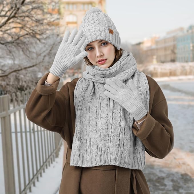Tavaleu Womens Winter Beanie Hat Scarf Gloves Set, Pom Pom Beanie Warm Knit Scarf Touchscreen Gloves for Cold Weather