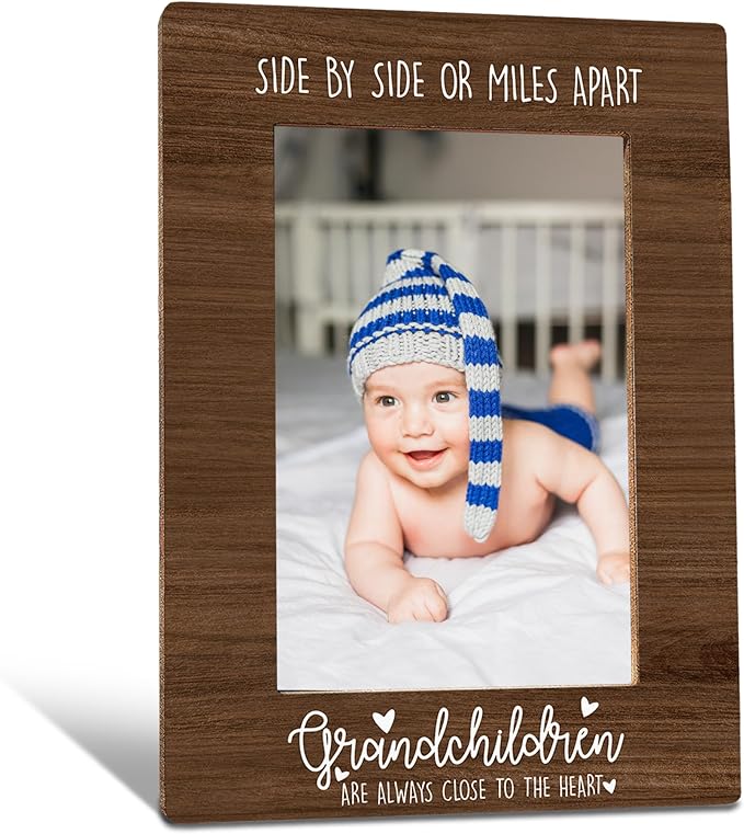 Grandchildren Picture Frames, Grandparents Gifts, Grandma Wooden Photo Frames, Grandchildren Grandkids Will Always Be Connected by Heart Picture Photo Frame for Desk Table 4X6 Photos