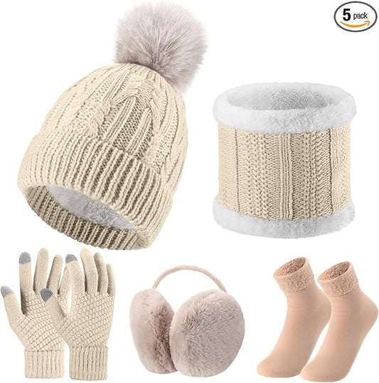 SATINIOR 5 Pcs Winter Hat Scarf Gloves Set Fleece Warm Lined Knit Beanie Hat Touch Screen Earmuff Gloves Warmer for Women(Beige,Fresh Style)