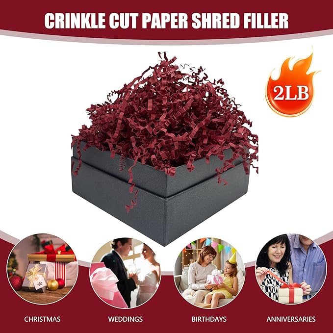 Deep Red Crinkle Cut Paper Shred Filler, 2 LB Basket Filler Shredded Paper, Confetti Stuffing for Basket Filling, Halloween, Thanksgiving, Christmas, Birthdays, Gift Wrapping, Stuffer Party Supplies