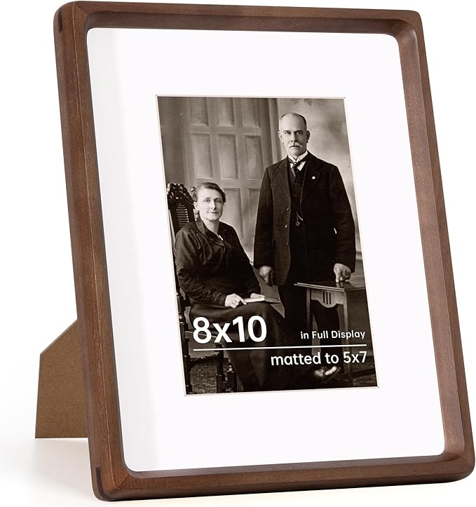 8x10 Walnut Frame USA-Sourced Natural Wood Picture Frames Handcrafted Rounded Corner with Mat to 6x8 Picture Display with Real Glass Family Picture, Photo, Certificate