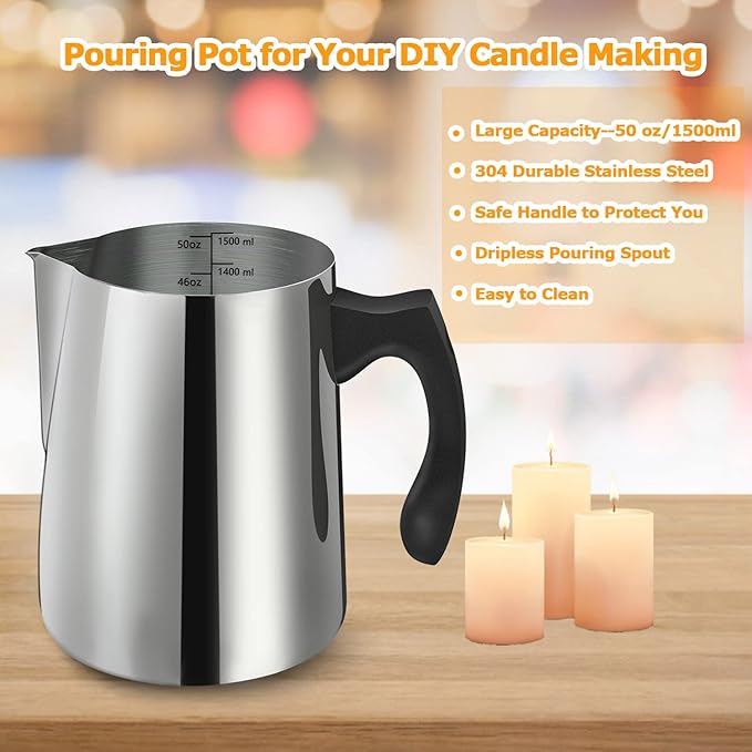 Candle Making Pouring Pot, 1500 ML/50 OZ Candle Pouring Pitcher, 304 Stainless Steel Candle Making Pitcher with Heat-Resistant Handle and Dripless Pouring Spout Design