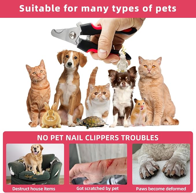 5Pcs Dogs and Cats Grooming Nail Clippers Kit Pet Claws Nail Clipper Trimmers, with Protective Guard Lock to Avoid Over Cutting, Professional Trimmers for Large and Small Cat and Dog (Red and Black)