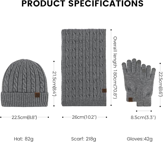 Womens Winter Beanie Hat Scarf Gloves Set, Knit Touch Screen Gloves Long Scarf Skull Caps Fleece Lined Winter Gift