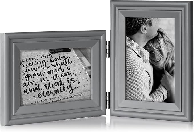 4x6 Double Hinged Picture Frame Folding Photo Frame Horizontal and Vertical in Gray Pine Wood with Real Glass for Tabletop X2-HUI-HS46
