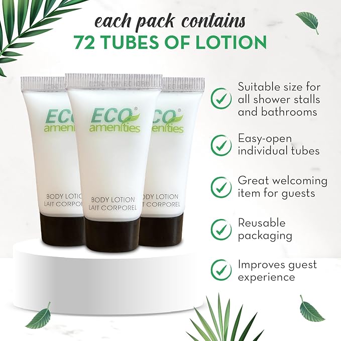 ECO amenities Mini Lotion Bulk - 72 Count 0.75 fl oz (22 ml) Tubes - Travel Size Toiletries & Body Lotion Tubes - Green Tea Scent for Hotel Amenity Kit & Spas