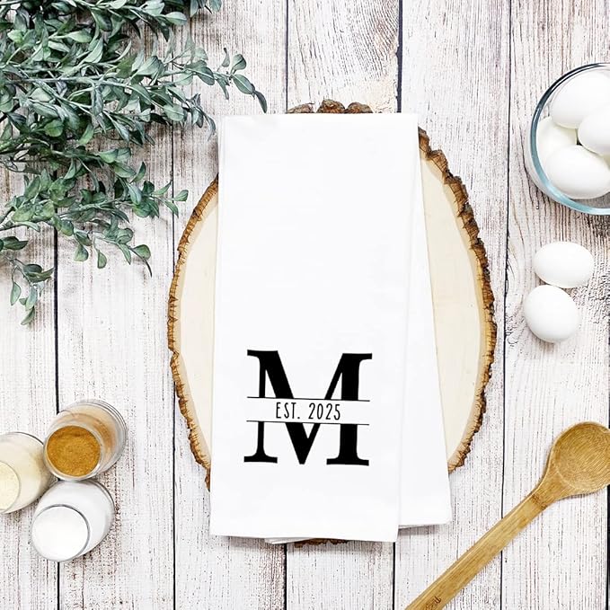 Andaz Press Personalized Kitchen Towel, Flour Sack Tea Towel, Monogram Initial EST. Year Custom Kitchen Gifts Birthday for Mom Daughter, Wedding Gifts Housewarming Gift for Couples