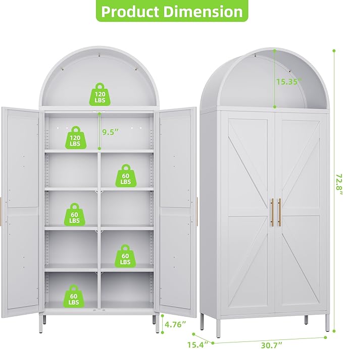 Metal Arched Kitchen Pantry Cabinet with 6 Adjustable Shelves, Farmhouse Arched Cabinet with 2 Doors for Kitchen,Bedroom,Living Room,White, Assemble Required,15.4" D x 30.7" W x 72.8" H