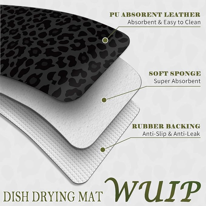 Black Leopard Print Dish Drying Mats for Kitchen Counter, Trendy Cheetah Animal Print Absorbent Reversible Coffee Bar Mat Drying Pad for Kitchen Decor, 12x15 Inch