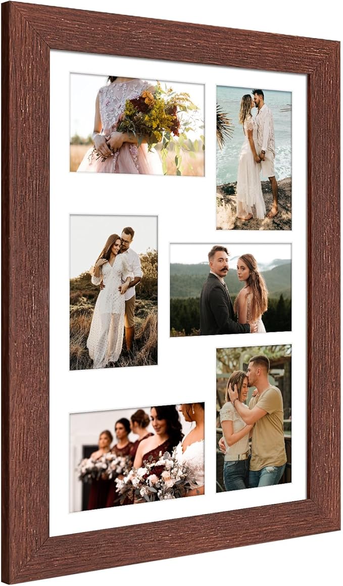 11x17 Picture Frame Display 6 picture frame collage 4x6,Multi Photo Frame with Mat,Plexiglass,Wall Mount Decor,Walnut Wood Grain