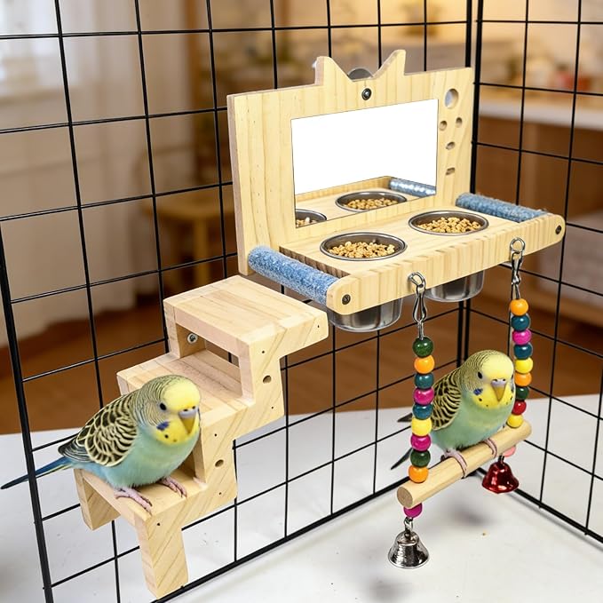 Bird Perch Platform with Mirror Ladder Swing Bowl,Parrot Play Gym Cage Toys | Bird Wood Playing Exercise Stands Perches,Parakeet Climbing Ladder Playground Cage Accessories for Cockatiel Budgie Lovebird