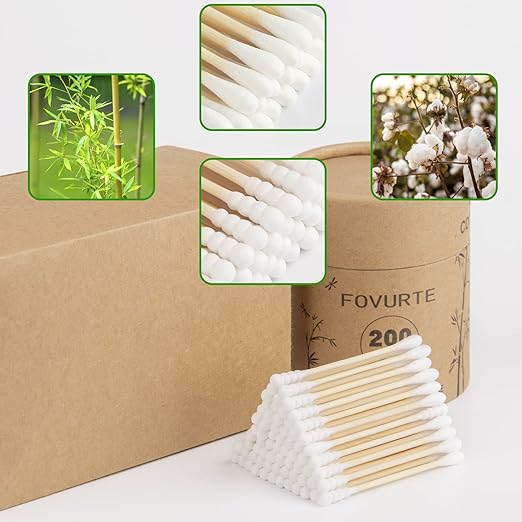 Bamboo Cotton Swabs 400 Count - Spiral&Round Double qTips Cotton Swabs, Organic Wooden Cotton Buds for Ears, Natural Bamboo Ear Sticks Q Tips for Cleaning, Makeup, Travel