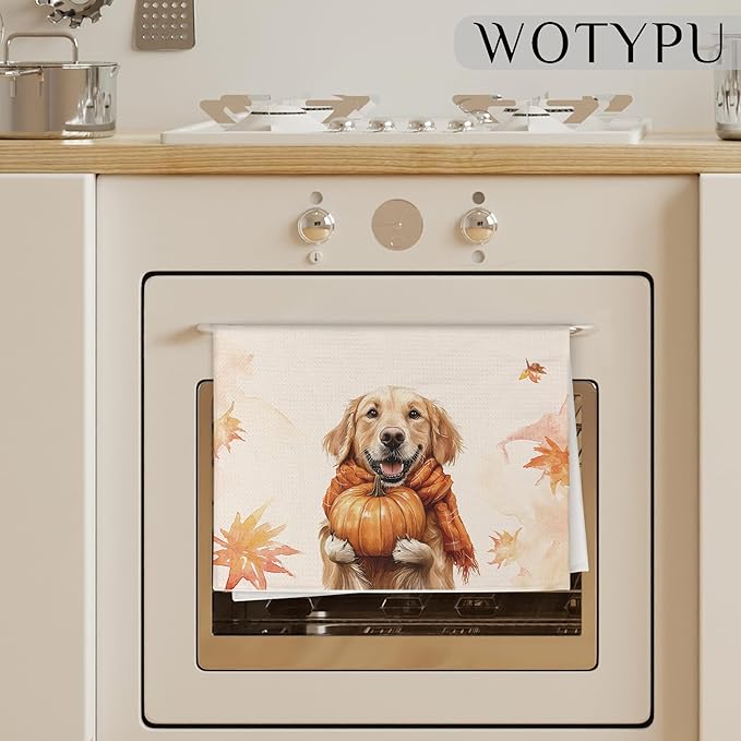 Fall Golden Retriever Gift Kitchen Towels, Golden Retriever Lovers Gifts, Farmhouse Fall Autumn Maple Leaf Dog Decorative Dish Hand Tea Towels for Bathroom Kitchen, 16x24 Inch
