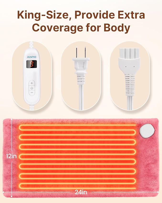 RENPHO Electric Heating pad for Back, Mothers Day Gifts & Birthday Gifts for Her Him, Heating Pads for Neck and Shoulder, FSA Eligible HSA Store, Auto-Off, ETL Certified, Extra Large 12"x24" Pink