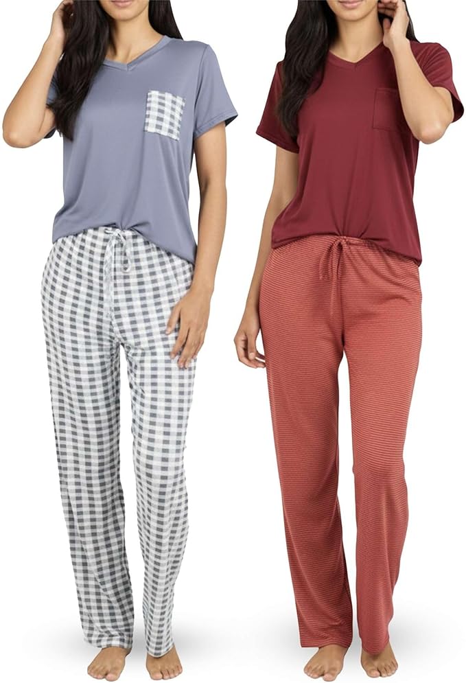Real Essentials 2 Pack: Women's Comfy Pajama Sets - Short & Long Sleeve Ladies Loungewear Sleepwear PJs (Available In Plus)