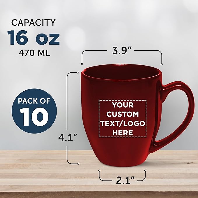 Custom Large Coffee Cups 16 oz. Set of 10, Personalized Bulk Pack - Perfect for Tea, Espresso, Cappuccino, Hot Cocoa - Maroon