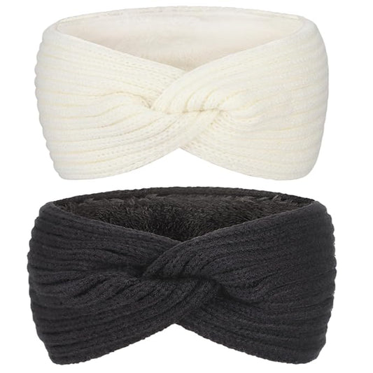 AQOKKA Knit Winter Headbands for Women Fuzzy Wool Fleece Lined Ear Warmers Elastic Turban Crocheted Head Wrap Winter Accessories for Women Cold Weather