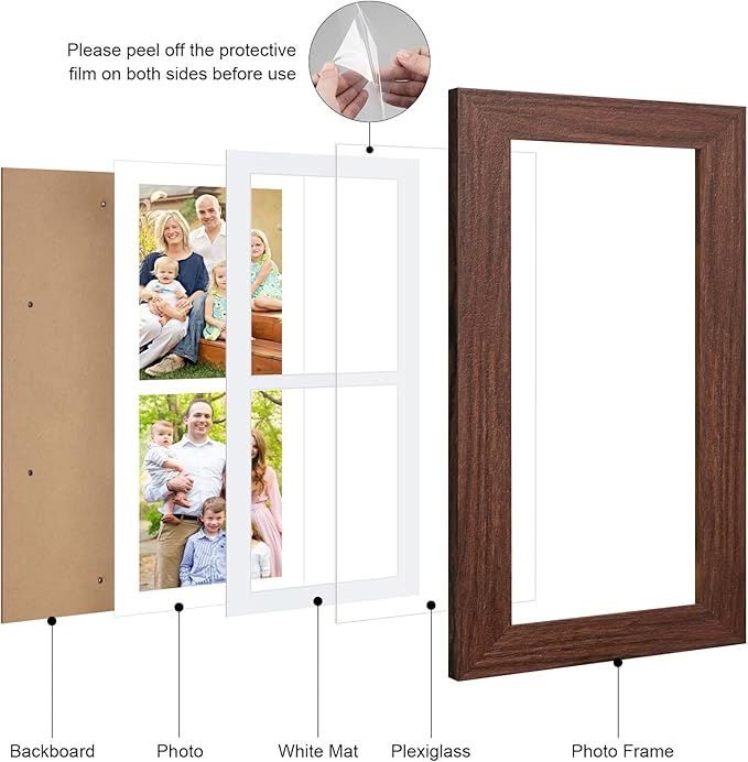 6x15 Picture Frame Display 2 opening 5X7 Double Picture Frame Collage,Multi Photo Frame with Mat,Plexiglass,Horizontal and Vertical Formats for Wall Decor,Walnut Wood Grain