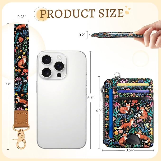 Kelvoris Credit Card Holder Small Wallet Women, Slim RFID, Cute Fox Flower | Keychain, Zipper Coin Pocket, Front Pocket Thin Travel Card Case, Minimalist, 6 Card Slots, 1 ID Window, Ladies Gifts Woman