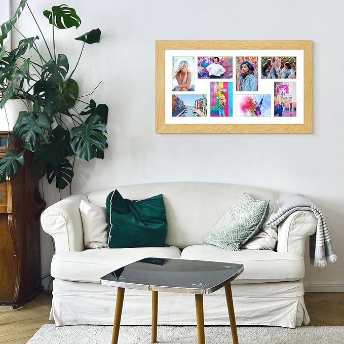 11.8x21.8 Picture Frame Display 8 opening 4X6 Picture Frame Collage,Multi Photo Frame with Mat,Plexiglass,Wall or Tabletop Decor,Natural Wood Grain
